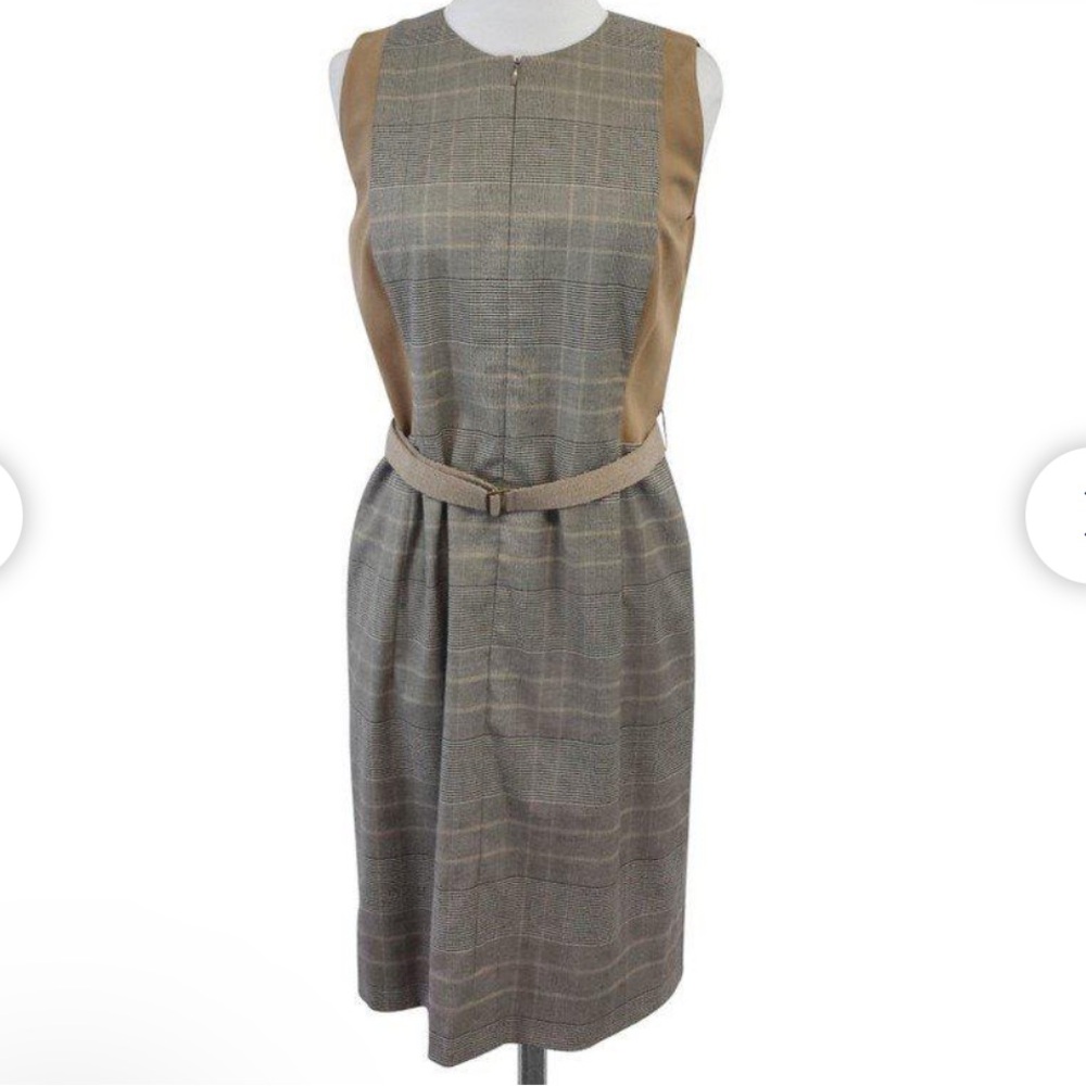 AKRIS PUNTO Wool Blend Houndstooth Zipper Front Sleeveless Belted Dress, Lined